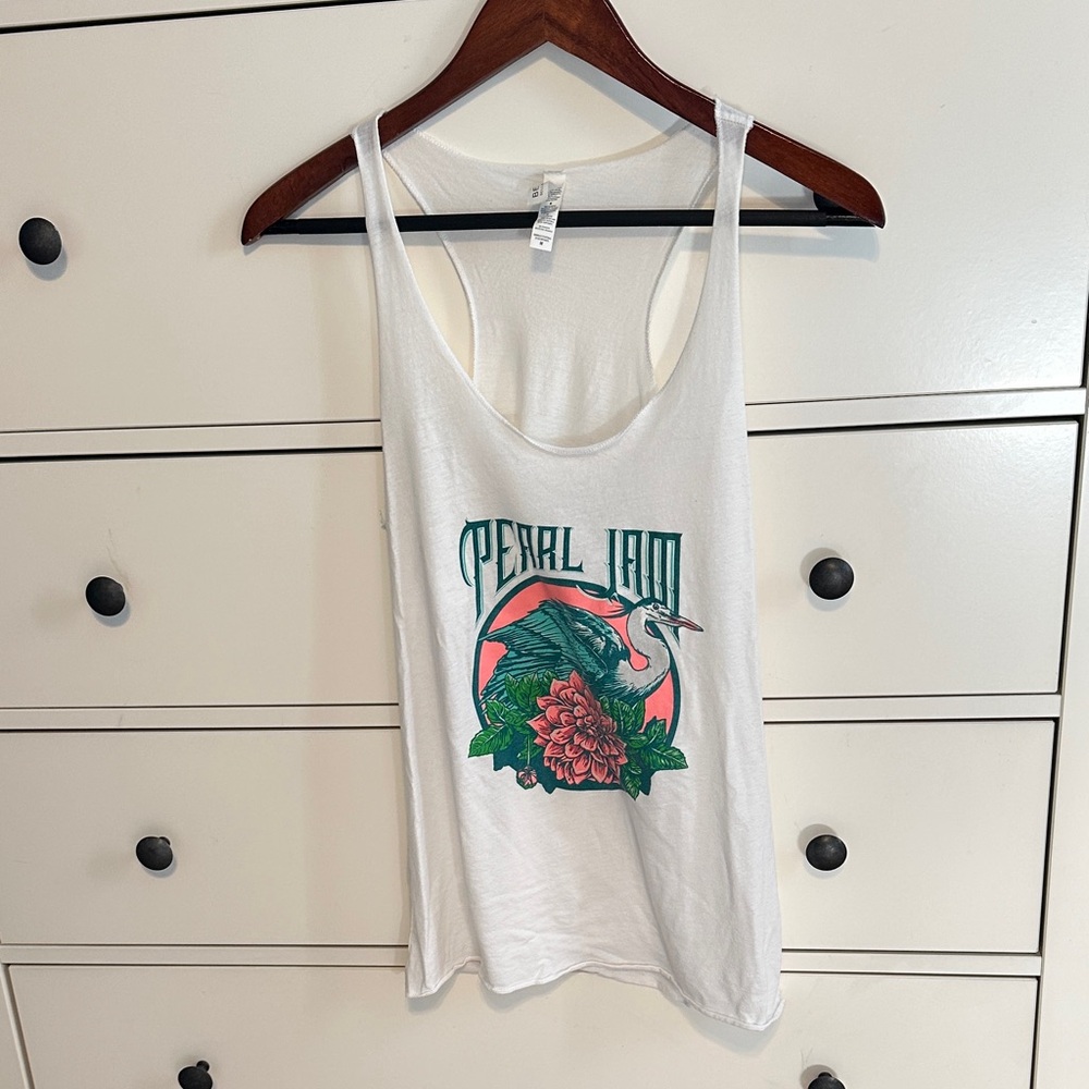 Rare White Sleeveless PEARL JAM Blue Heron Bird Tattoo Pink Dahlia Tank Top Med